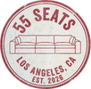 Circular logo with '55 Seats' and a couch illustration, set against a textured white background.