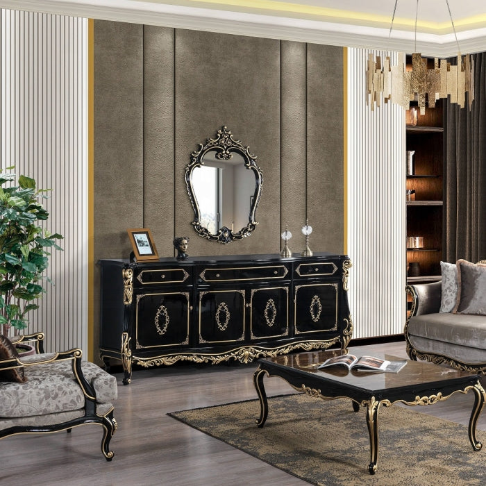 mirror n a staged room showing what it could look like room is a living room above a credenza and two chairs very modern 