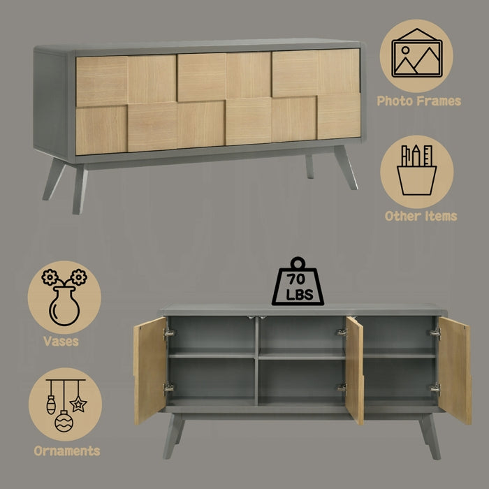 Gray and wooden sideboard with storage compartments on a gray background pictures show possible items to place such as vases ornaments other items or photo frames 