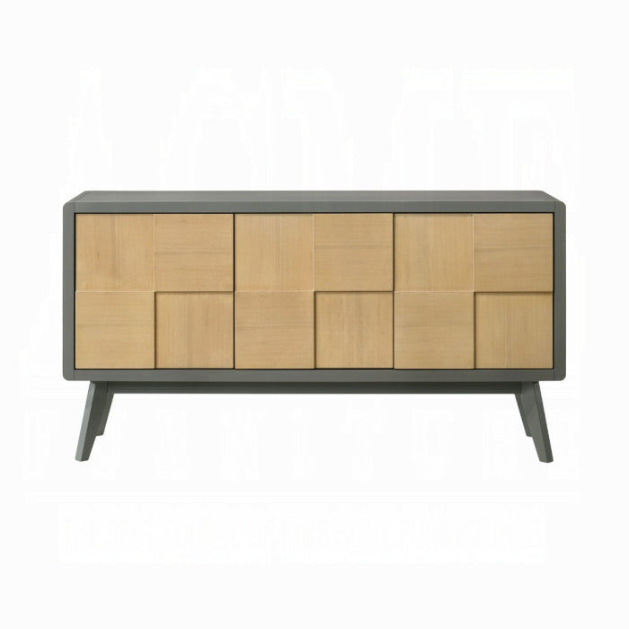 Wooden sideboard with geometric pattern on a white background