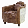 white background leather chair with arms brown leather matching through out aluminum siding wrapping the outer part of the arms leather pinned stitching stripped going down the middle and wooden square feet pegs 