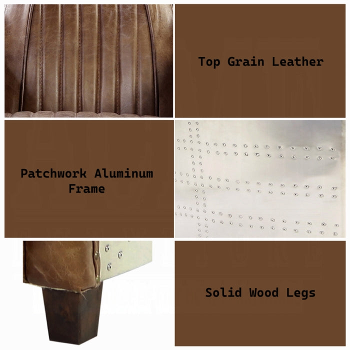 photo has wording dtails describing top grain leather patchwork aluminum frame and solid wood legs 