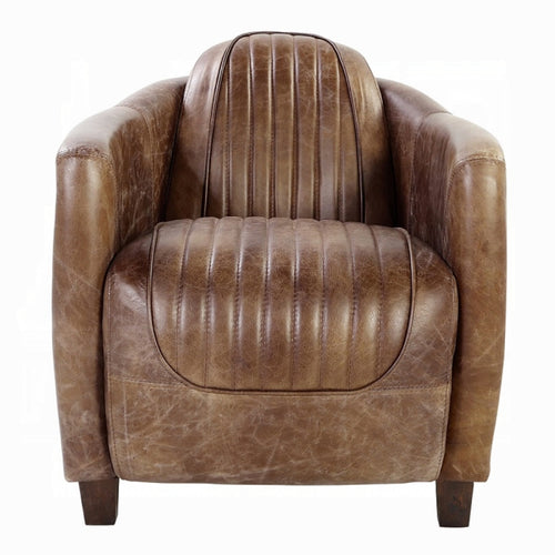 white background leather chair with arms brown leather matching through out aluminum siding wrapping the outer part of the arms leather pinned stitching stripped going down the middle and wooden square feet pegs 