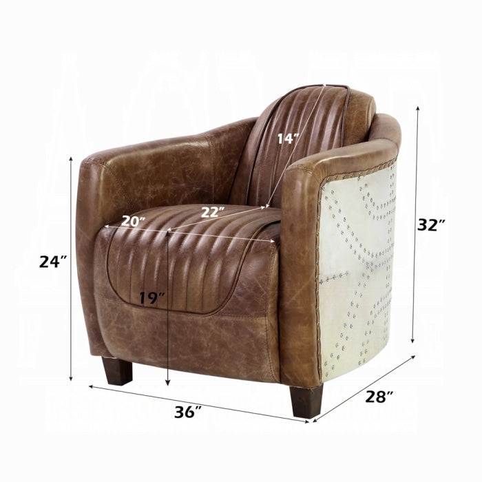 white background leather chair with arms brown leather matching through out aluminum siding wrapping the outer part of the arms leather pinned stitching stripped going down the middle and wooden square feet pegs measured 32 inch tall 28 inch wide 36 inch long arms length from top to bottom reaches  inch knee to foot 19 inch seating patting approx 22 by 20 in and the back rest height from seat padding to top is 14 inch tall 