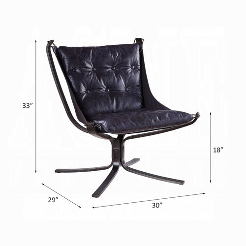 Black leather chair with dimensions labeled on a white background