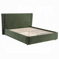 white background of a fabricated green full bed frame slatted inner