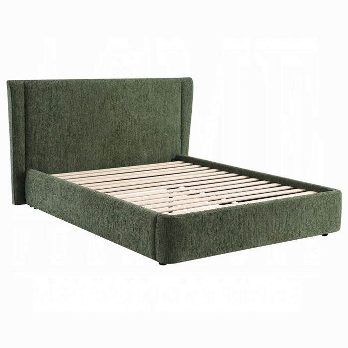 white background of a fabricated green full bed frame slatted inner