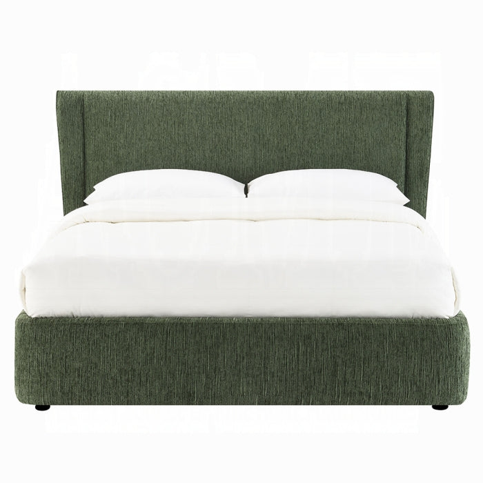 white background of a fabricated green full bed frame 