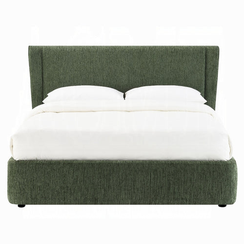white background of a fabricated green full bed frame 