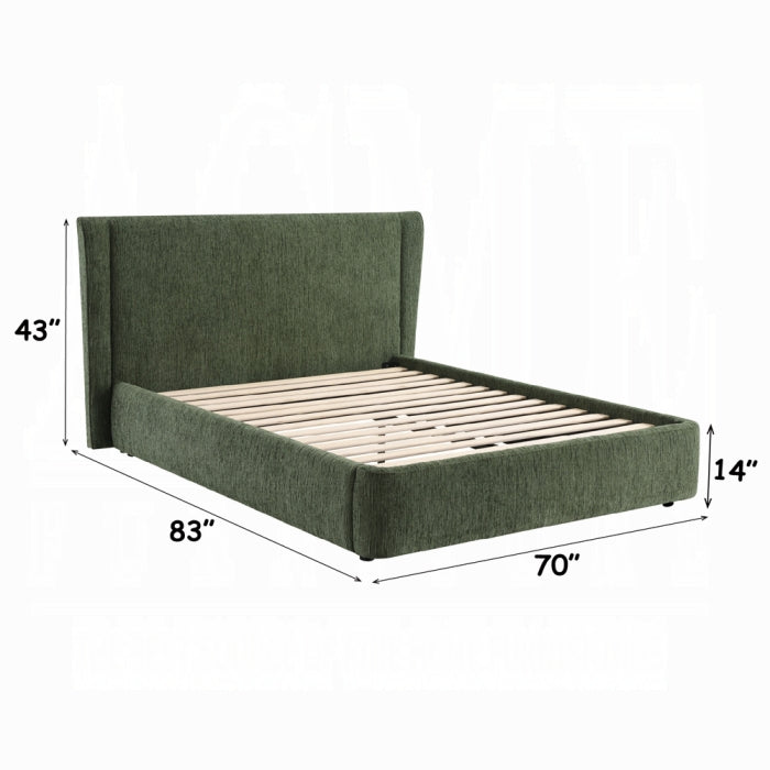 white background of green bedframe fabric all around slated bed with measurements showing 43 inch tall for the headboard 83 inch long 70 inch wide 14 inch tall for mattress placement 