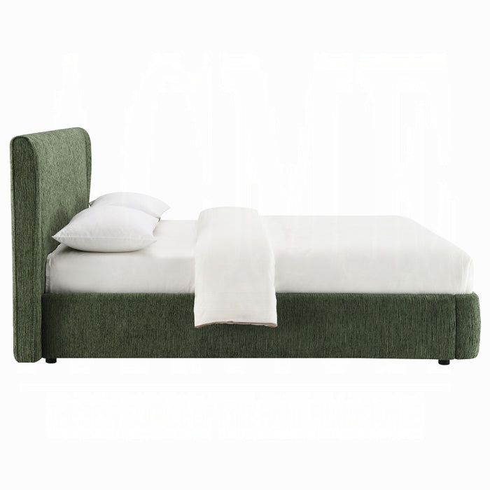 white background of a fabricated green full bed frame 