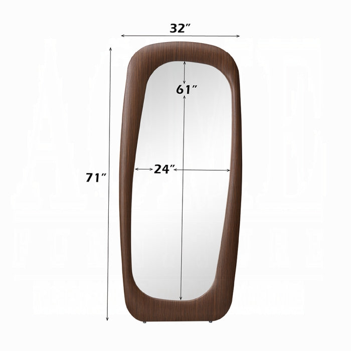Wooden-framed mirror with dimensions labeled on a white background