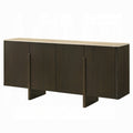 Wooden sideboard with dark brown finish and light wood top on a white background