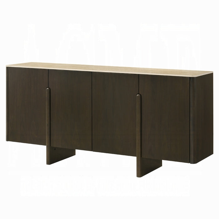 Wooden sideboard with dark brown finish and light wood top on a white background