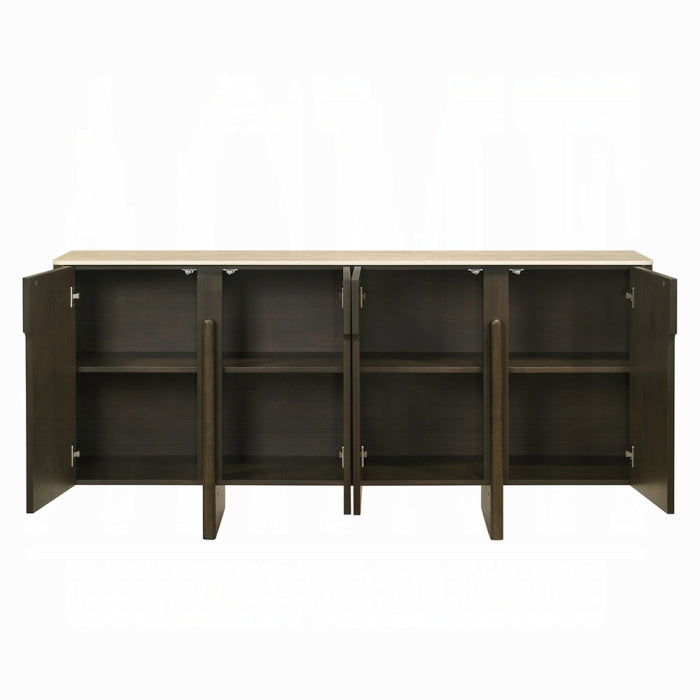 Wooden cabinet with a light brown top and dark brown base on a white background