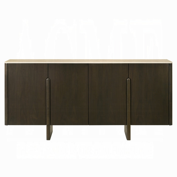 Wooden sideboard with dark brown finish and light wood top on a white background