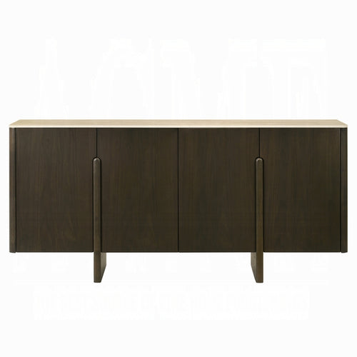 Wooden sideboard with dark brown finish and light wood top on a white background