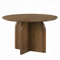 white background showing a round dinning table in a rich brown color the top is a perfect circle and has legs that are together and curved outword also keeping a circle impression measured at 30 inch tall and 47 inch long 