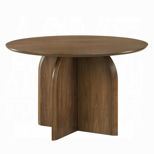 white background showing a round dinning table in a rich brown color the top is a perfect circle and has legs that are together and curved outword also keeping a circle impression measured at 30 inch tall and 47 inch long 