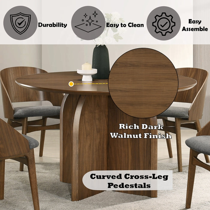 picture with lots of wording saying durability easy to clean easy assemble rich dark walnut finish curved corss leg pedestals pointing to the dinning table 
