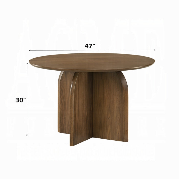 white background showing a round dinning table in a rich brown color the top is a perfect circle and has legs that are together and curved outword also keeping a circle impression measured at 30 inch tall and 47 inch long 