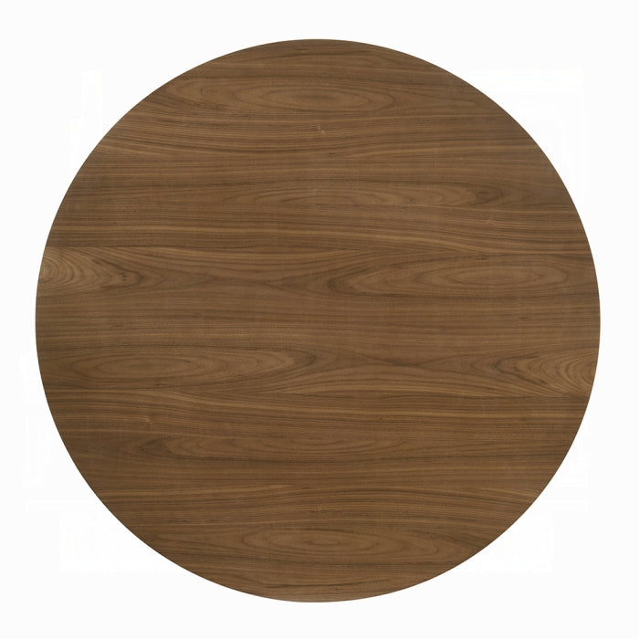 white background showing a round dinning table in a rich brown color the top is a perfect circle and has legs that are together and curved outword also keeping a circle impression measured at 30 inch tall and 47 inch long 