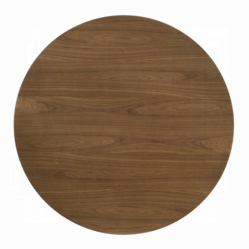 white background showing a round dinning table in a rich brown color the top is a perfect circle and has legs that are together and curved outword also keeping a circle impression measured at 30 inch tall and 47 inch long 