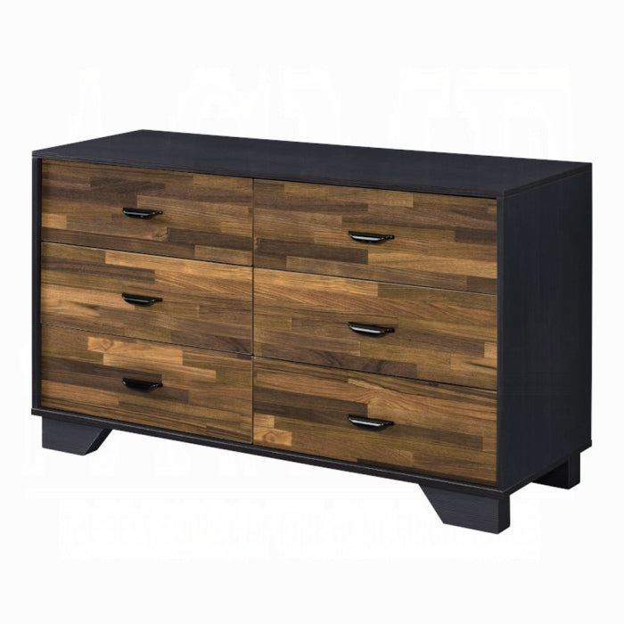 Wooden dresser with black accents on a white background