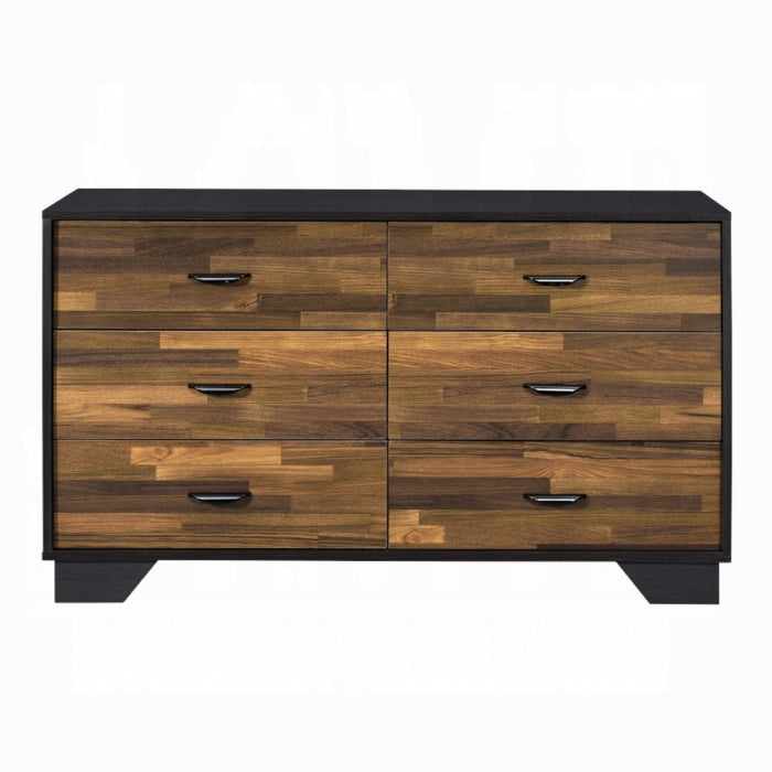 A modern six-drawer dresser with a warm brown wood-grain patterned front, black top and base, and slim black metal drawer pulls, shown against a plain white background.