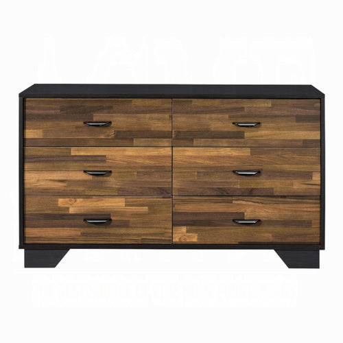 A modern six-drawer dresser with a warm brown wood-grain patterned front, black top and base, and slim black metal drawer pulls, shown against a plain white background.