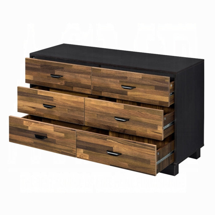 dresser with multi wood coloring panel 6 drawers black outer layer frame or top and sides black chunky feet and black handles all 6 drawers open on a white background 