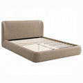 white background light brown colore bed frame with tall headboard all one united fabric and slatted platform 