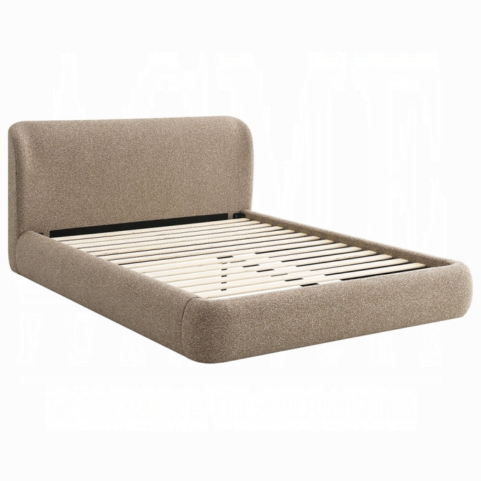 white background light brown colore bed frame with tall headboard all one united fabric and slatted platform 