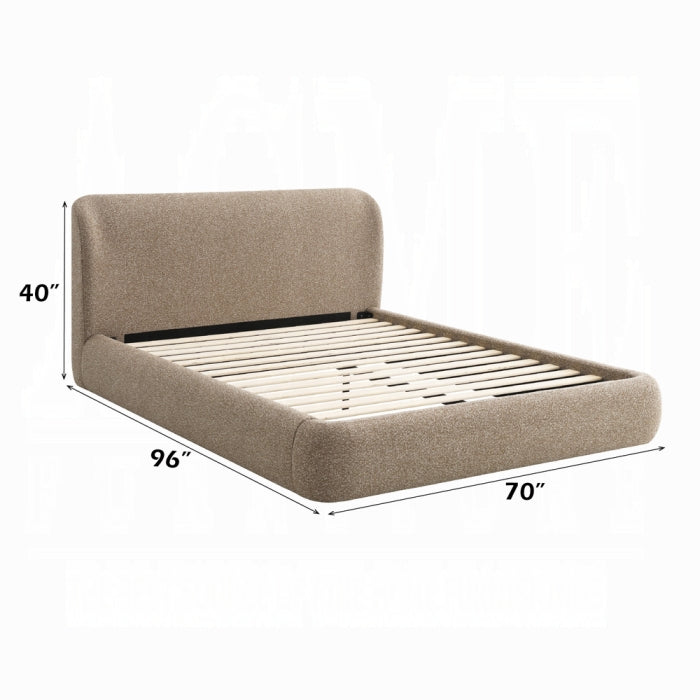 white background light brown colore bed frame with tall headboard all one united fabric measured to 40 inch tall headboard 96 inch length 70 inch wide with slatted platform 