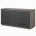 white background showing a dresser with 6 drawers of a darker grey color and the outline being a wood tone for the top and sides of the dresser 