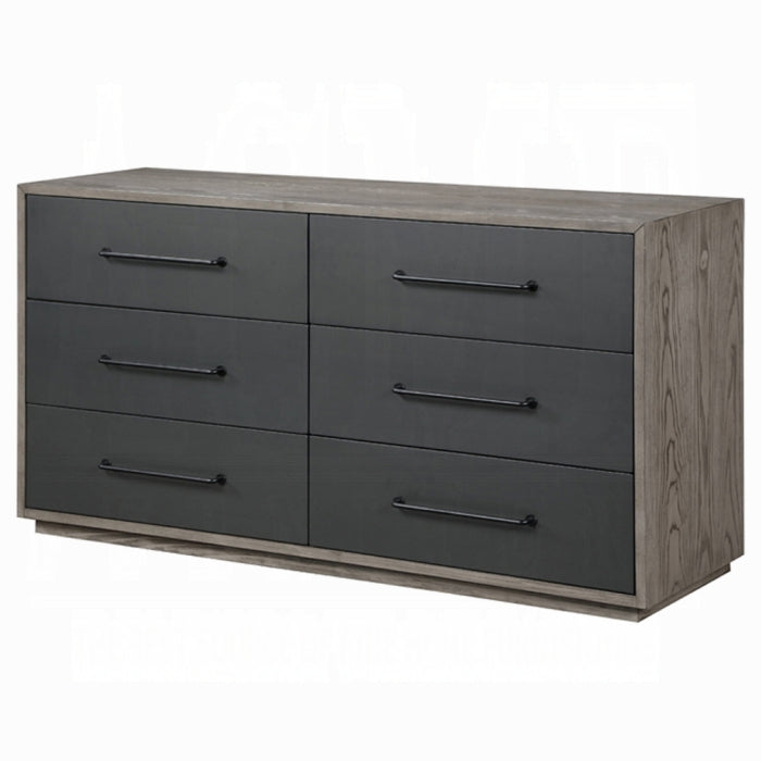 white background showing a dresser with 6 drawers of a darker grey color and the outline being a wood tone for the top and sides of the dresser 