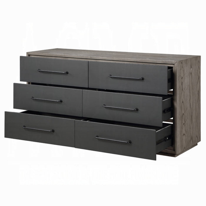 white background showing a dresser with 6 drawers of a darker grey color and the outline being a wood tone for the top and sides of the dresser 
