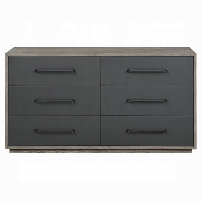 white background showing a dresser with 6 drawers of a darker grey color and the outline being a wood tone for the top and sides of the dresser 