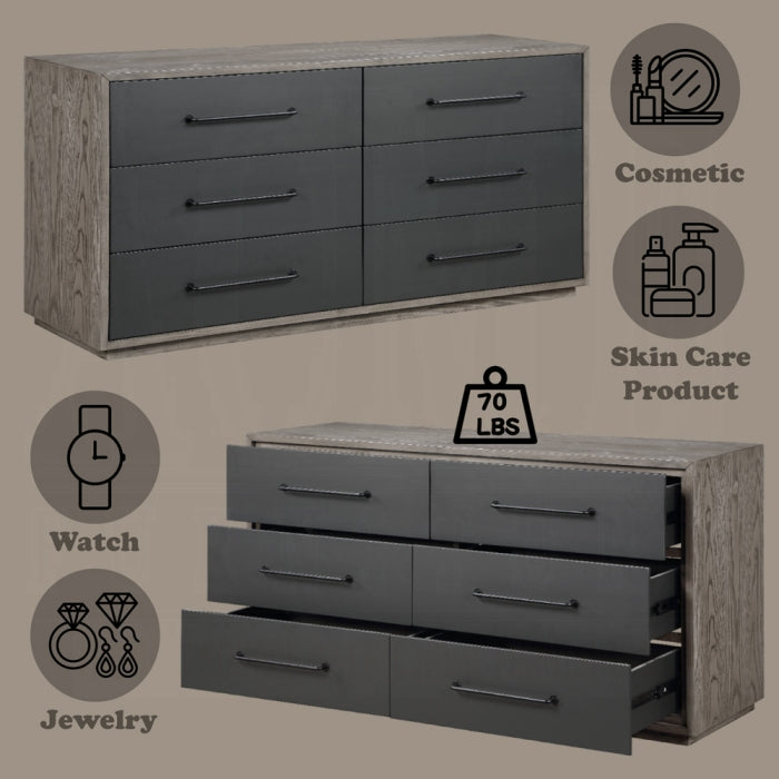 Picture has brown background showing the dresser with wording saying cosmetic, skin care product, watch, jewelry, grey drawers 6 of them open and closing with a brown outline 