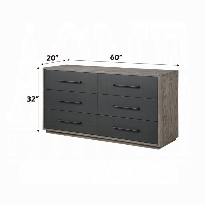 white background showing a dresser with measurments 60 inch long 20 inch wide and 3 inch tall 6 drawers of darker grey and a wooden outline 