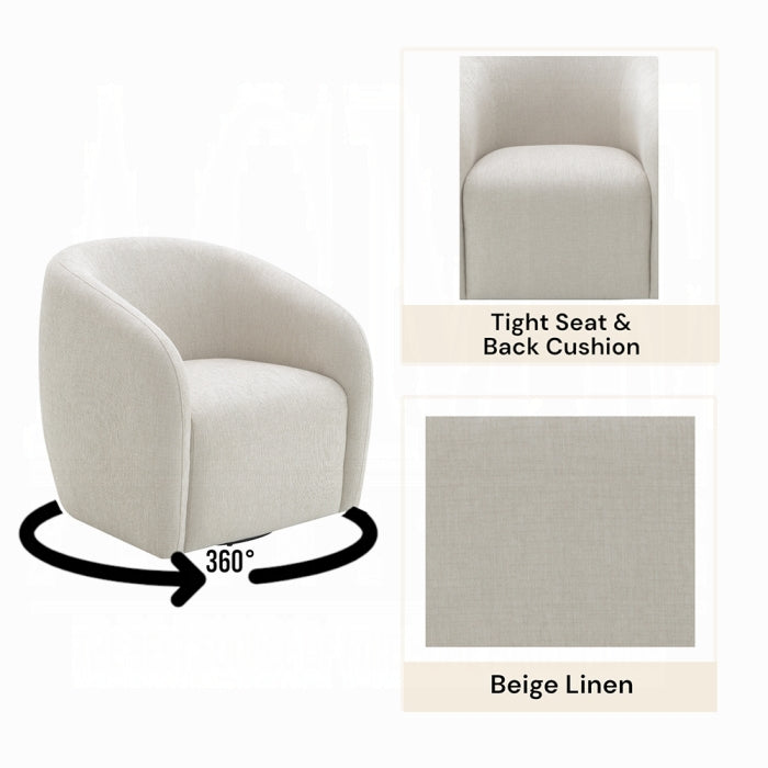 white background describing the image chair swivels 360 degrees wording states tight seat and back cushion beige linen