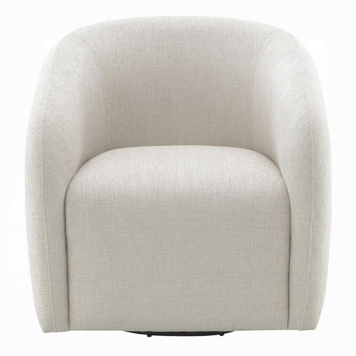 white background showing chair in a white ish color fabric is all around tucked in oval shape swivel base 