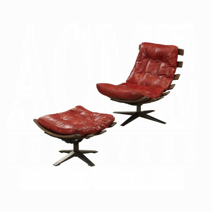 Red leather chair and ottoman on a white background