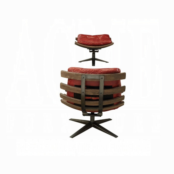 Wooden barrel-style chair with red cushion on a white background