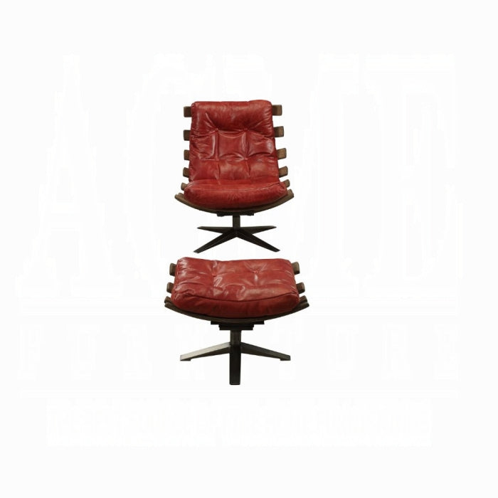 Red leather chair and ottoman on a white background