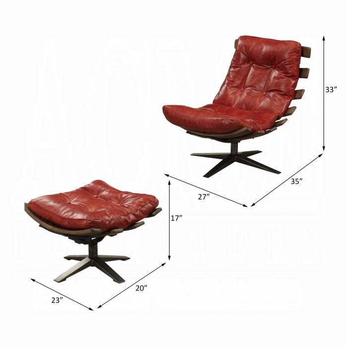 Red leather chair and ottoman with dimensions on a white background