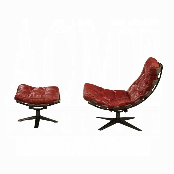 Red leather lounge chair and ottoman on a white background