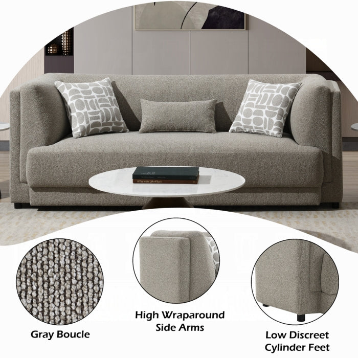Gray sofa with patterned cushions in a living room setting, showing close-ups of texture, arm design, and feet.