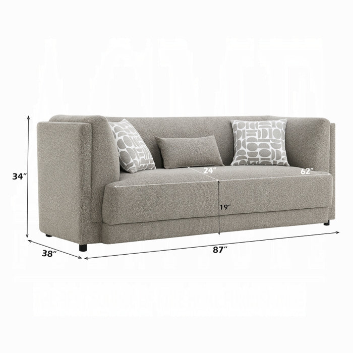 Gray sofa with dimensions labeled on a white background