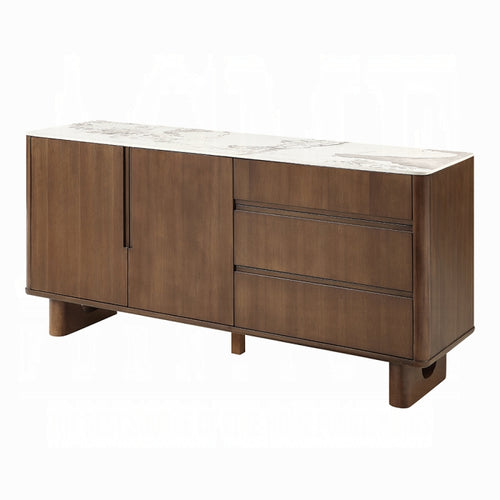 Wooden bathroom vanity with marble countertop on a white background